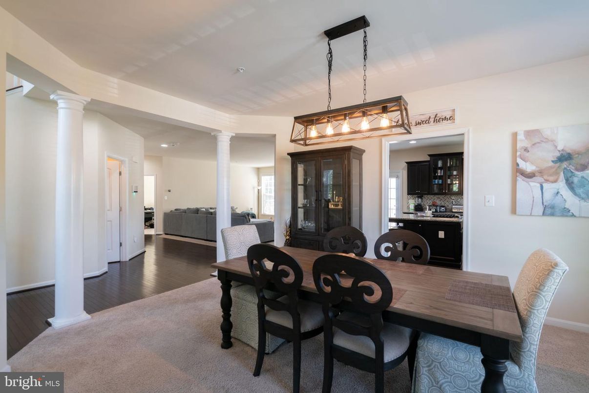 Dining room, Interior, Pendant Lights, Recessed Lighting, Wood Texture Flooring