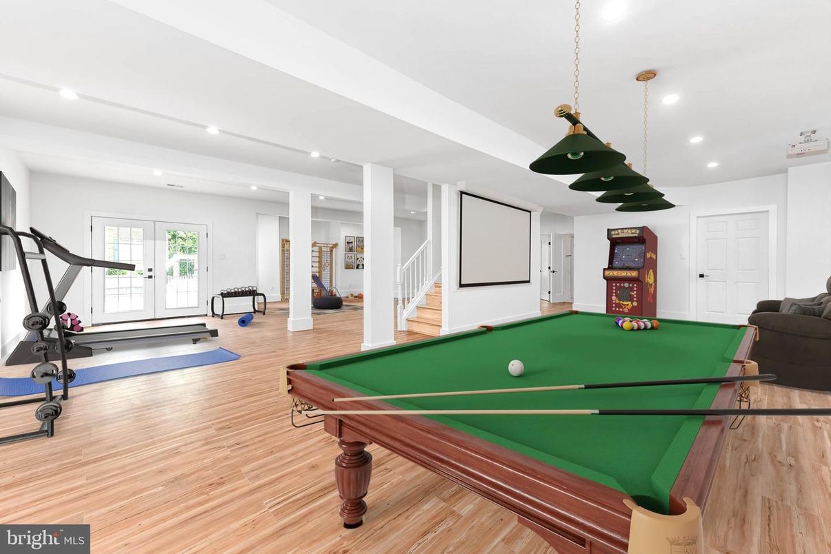 Billiard Table, Fitness Equipment, Game Room, Interior, Pendant Lights, Recessed Lighting, Wood Texture Flooring