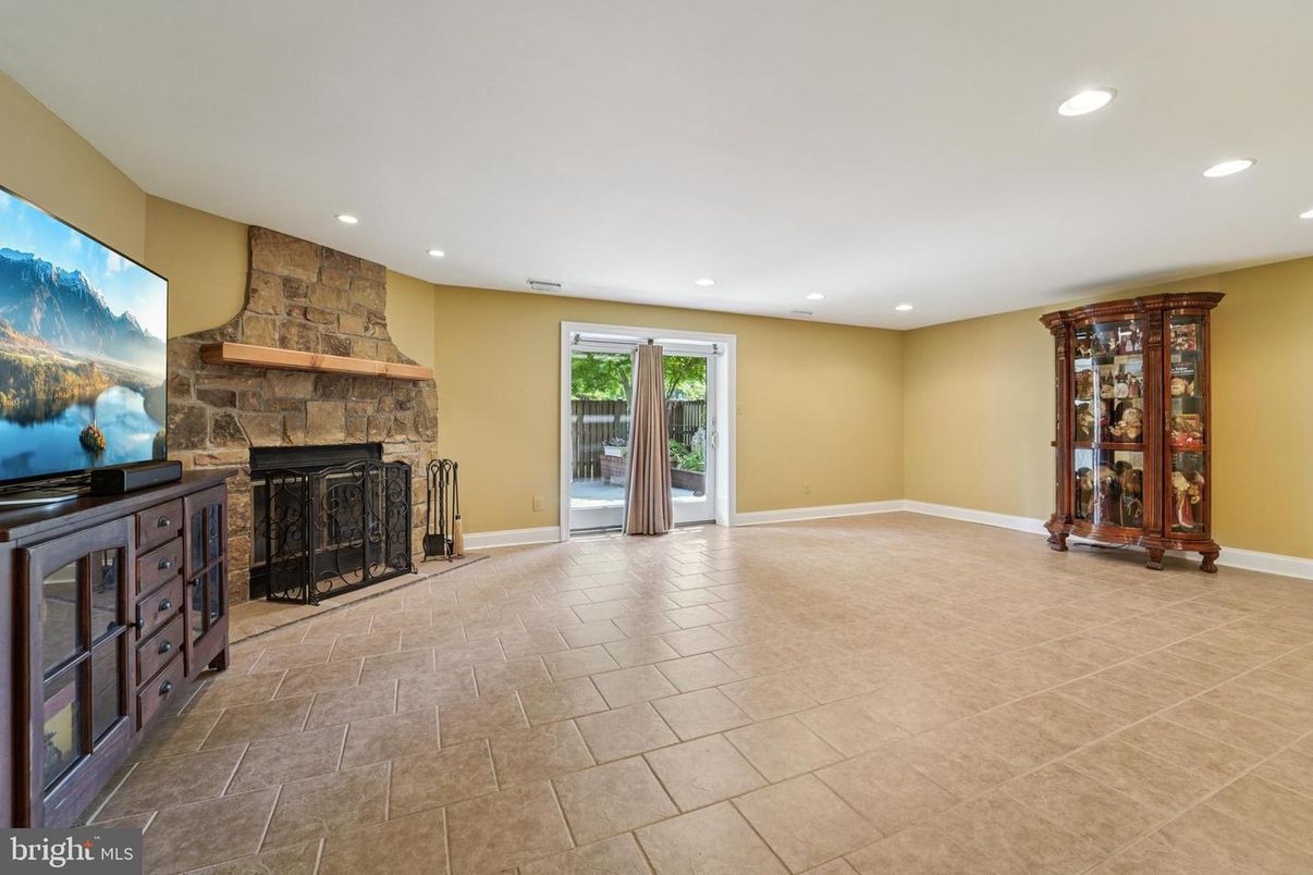Empty room, Fireplace, Interior, Recessed Lighting, Stone Walls