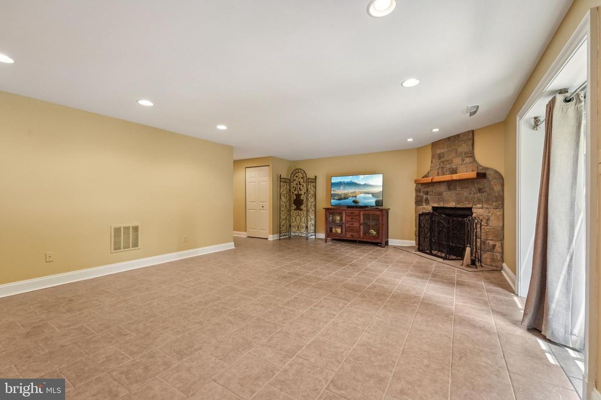 Empty room, Fireplace, Interior, Recessed Lighting, Stone Walls