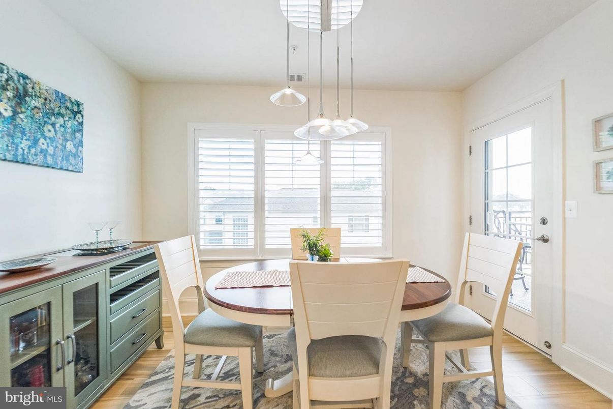 Dining room, Interior, Pendant Lights, Wood Texture Flooring