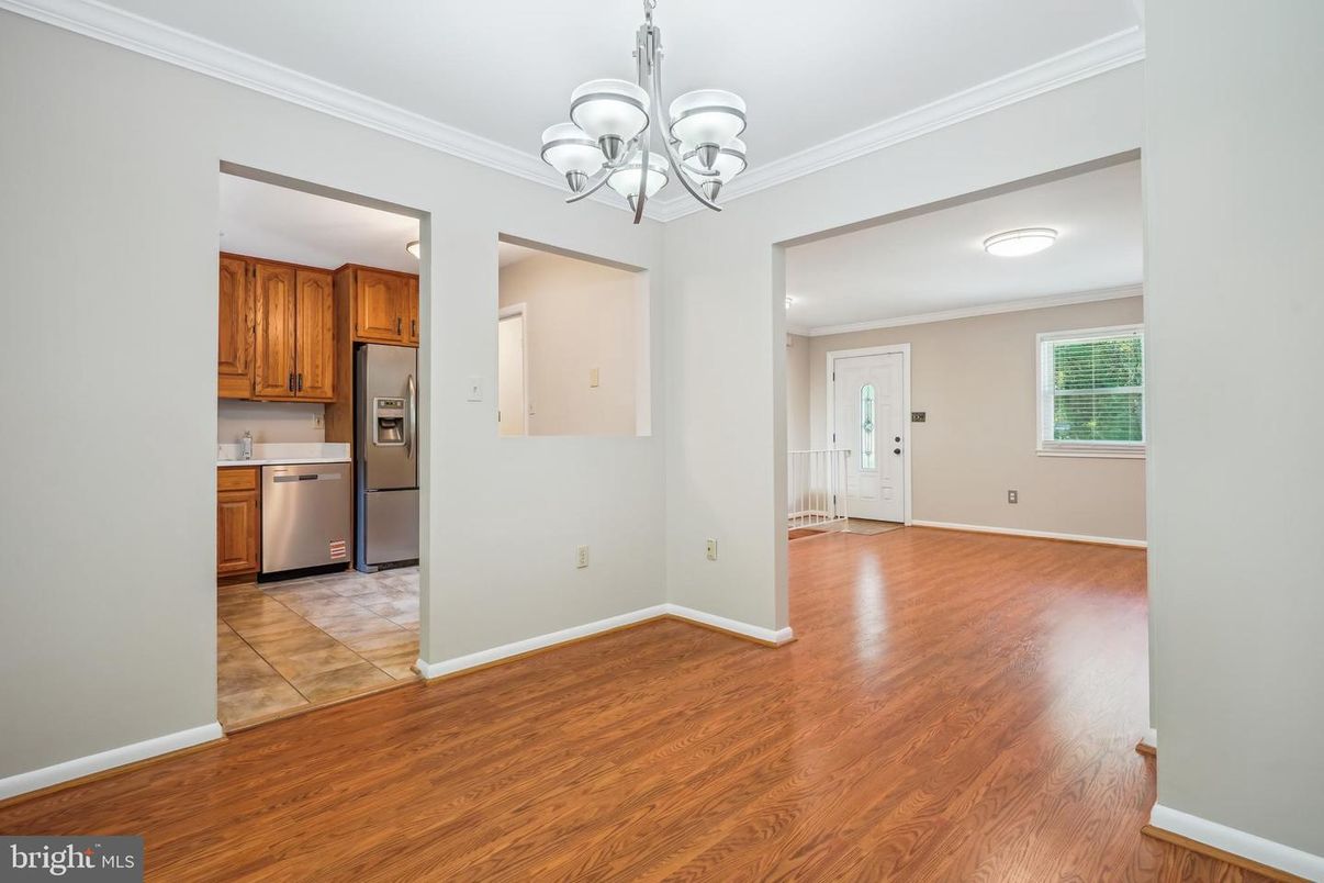 Chandelier, Empty room, Interior, Kitchen, Wood Texture Flooring