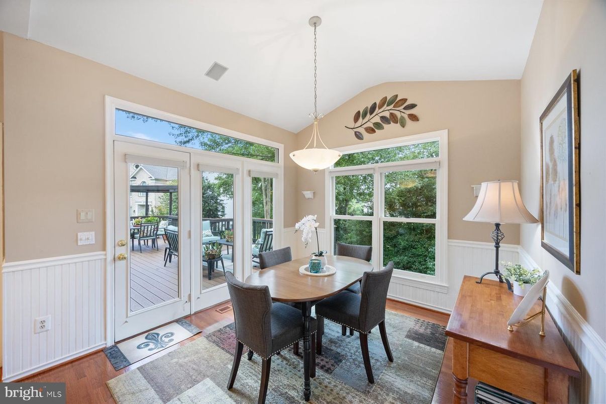 Dining room, Interior, Pendant Lights, Wood Texture Flooring