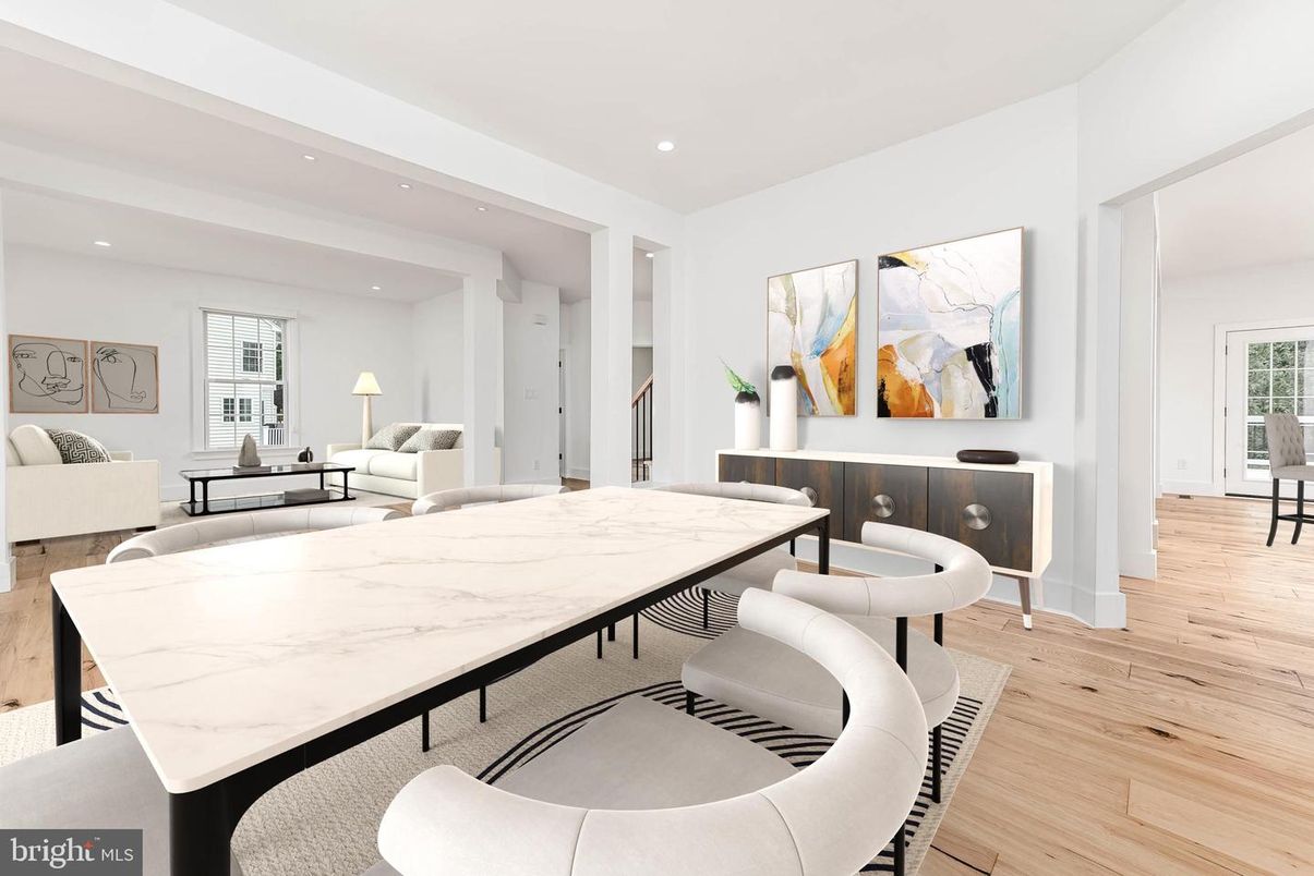 Dining room, Interior, Living room, Recessed Lighting, Wood Texture Flooring