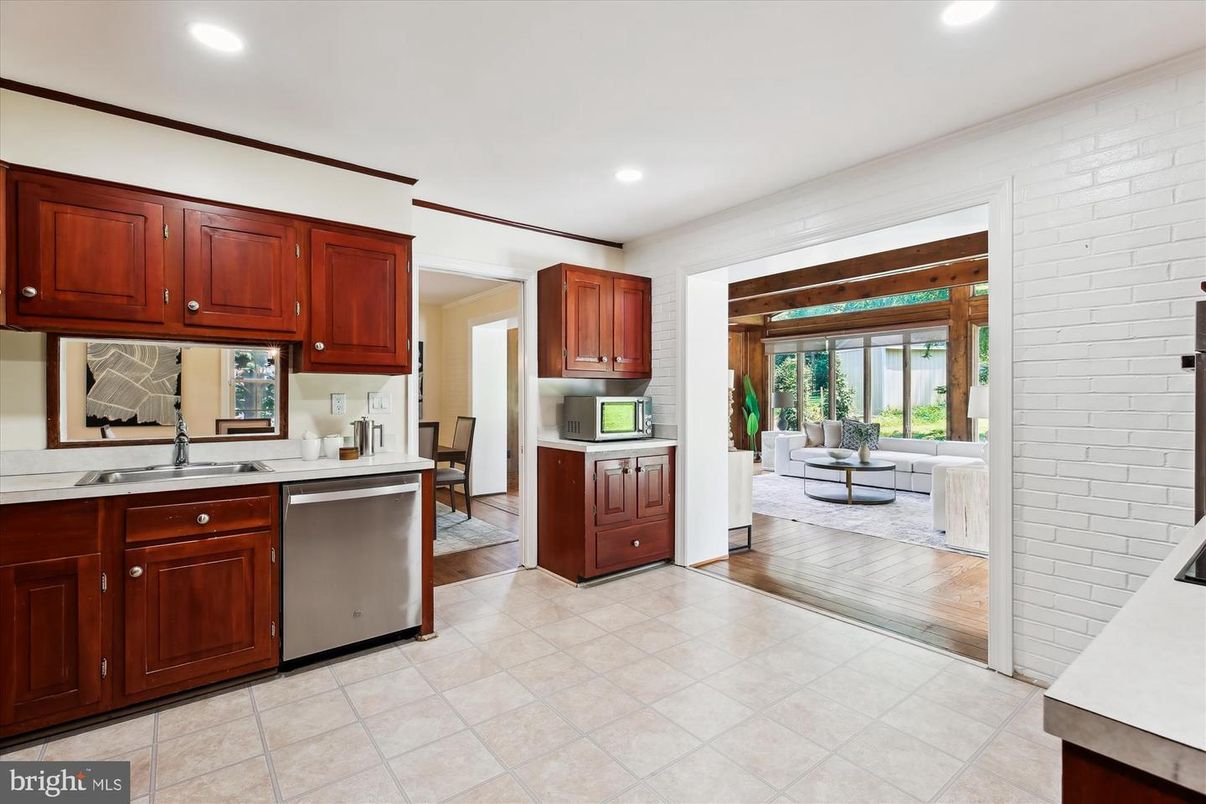 Interior, Kitchen, Living room, Recessed Lighting, Stone Walls, Wood Texture Flooring