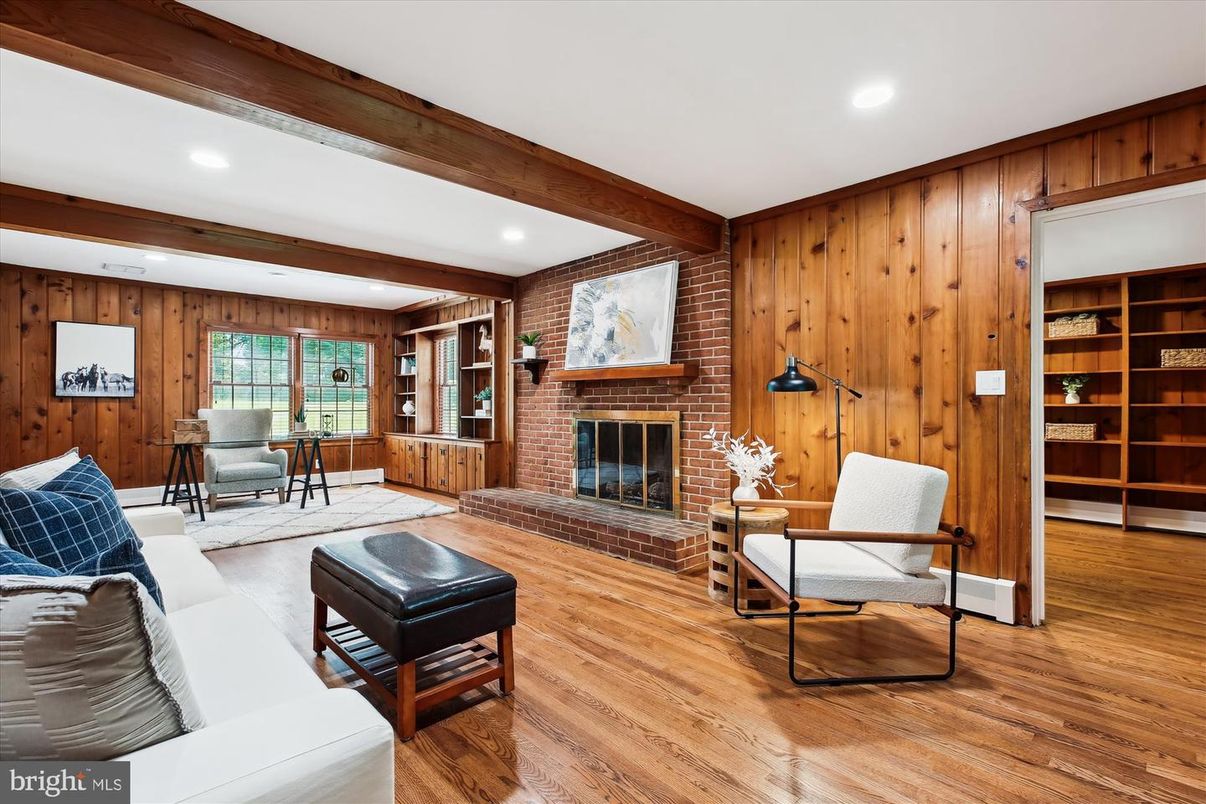 Fireplace, Interior, Living room, Recessed Lighting, Stone Walls, Wooden Beams, Wood Texture Flooring, Wooden Walls
