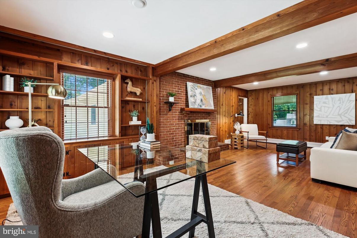 Fireplace, Interior, Living room, Recessed Lighting, Stone Walls, Wooden Beams, Wood Texture Flooring, Wooden Walls