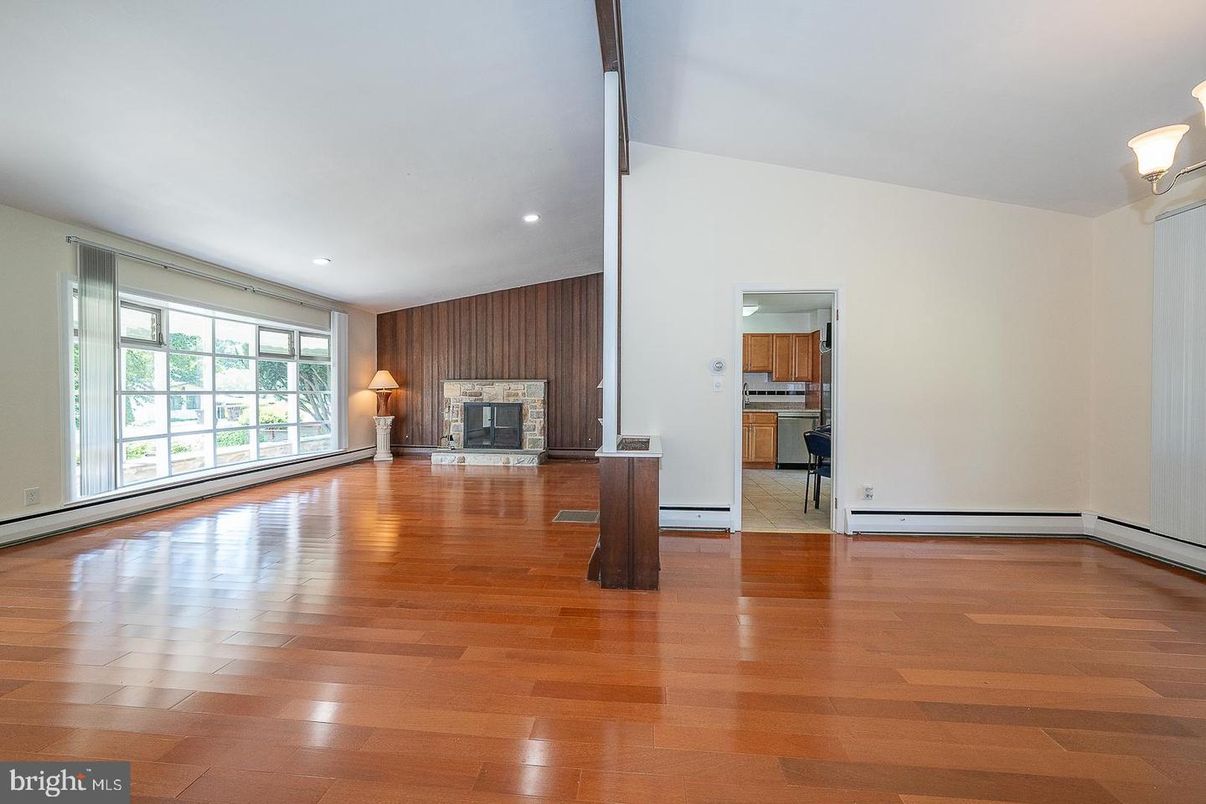 Empty room, Fireplace, Interior, Recessed Lighting, Wood Texture Flooring, Wooden Walls