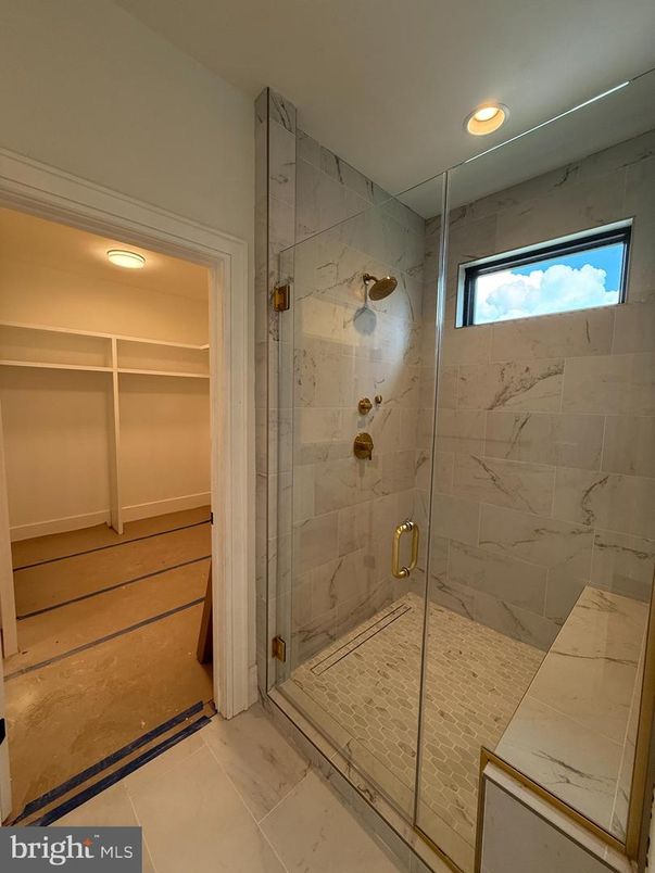 Bathroom, Glass Shower, Interior, Marble Walls, Recessed Lighting