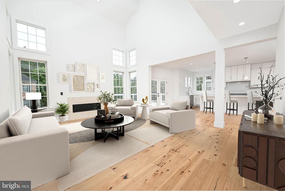 Dining room, Fireplace, Interior, Living room, Pendant Lights, Recessed Lighting, Wood Texture Flooring