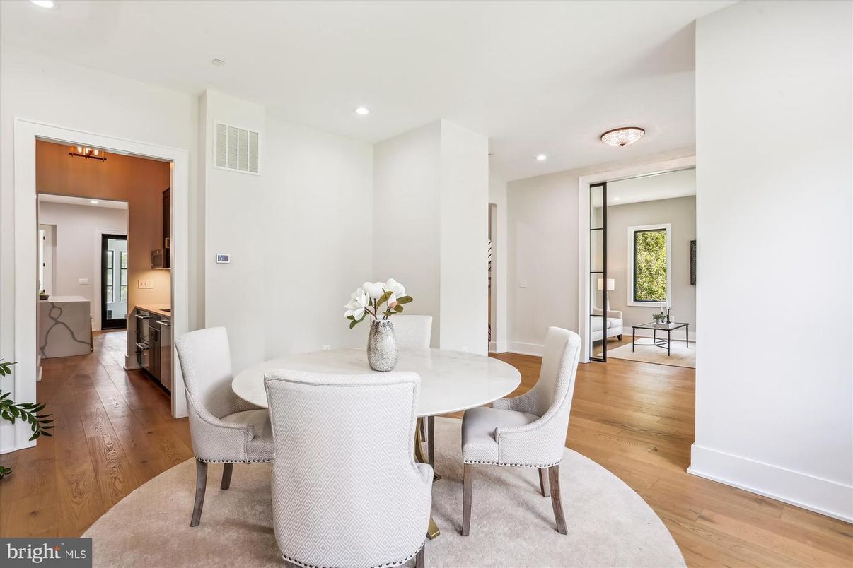Dining room, Interior, Recessed Lighting, Wood Texture Flooring
