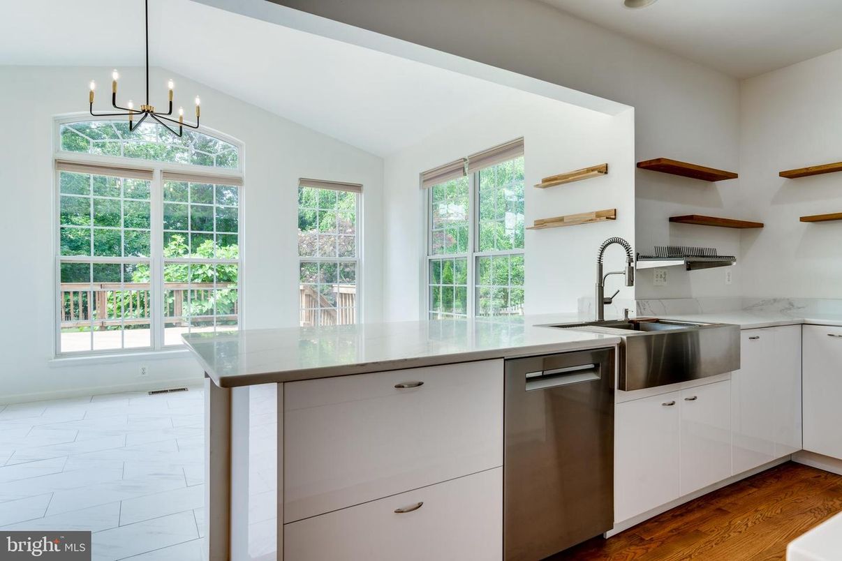 Interior, Kitchen, Marble, Pendant Lights, Stainless Steel Appliances, Wood Texture Flooring