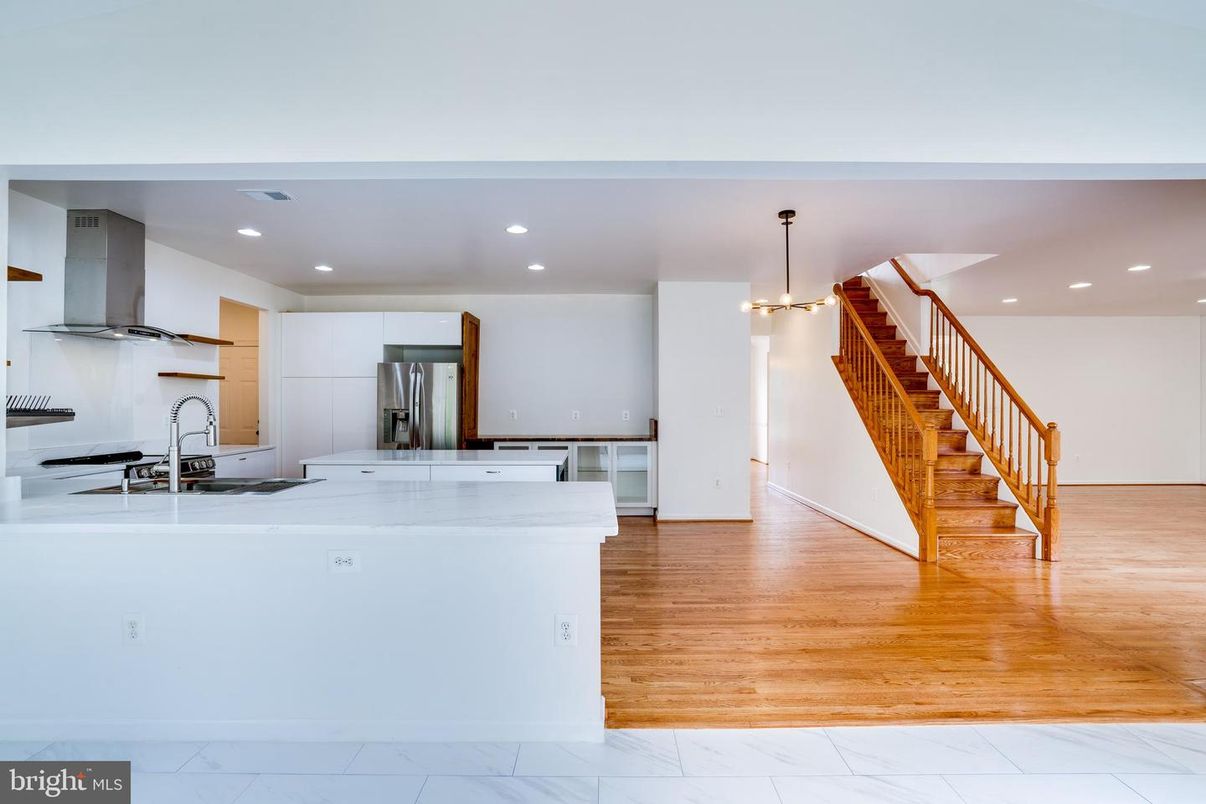 Interior, Kitchen, Marble, Pendant Lights, Recessed Lighting, Stainless Steel Appliances, Wood Texture Flooring