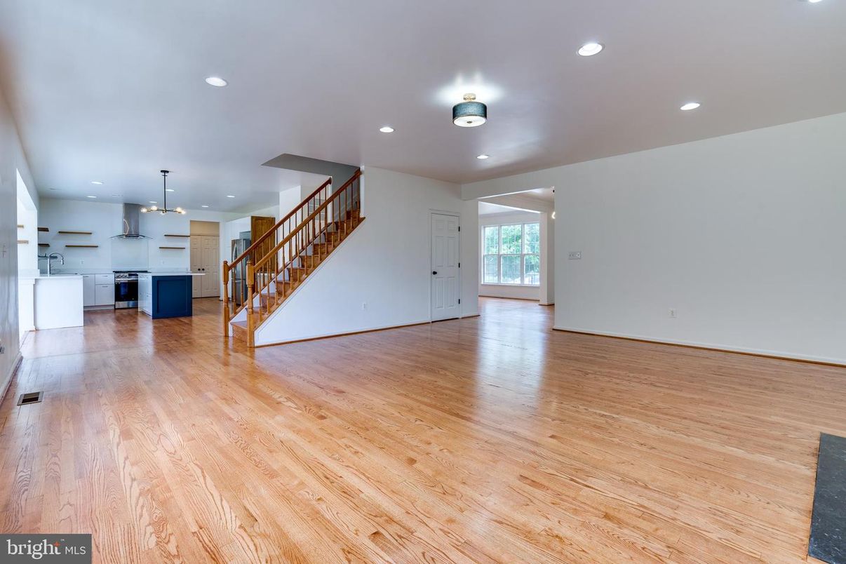 Empty room, Interior, Kitchen, Pendant Lights, Recessed Lighting, Wood Texture Flooring