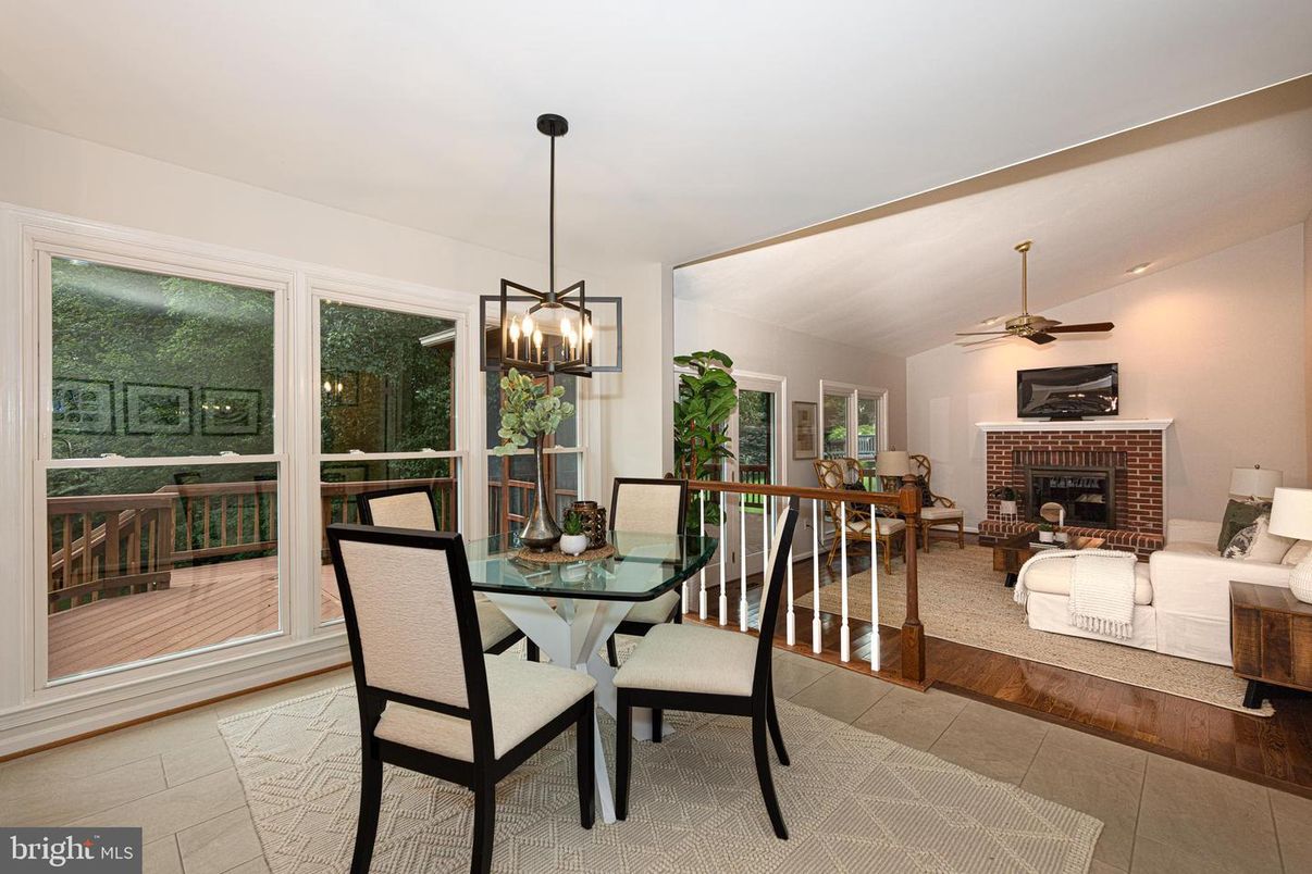 Bedroom, Dining room, Fireplace, Interior, Pendant Lights