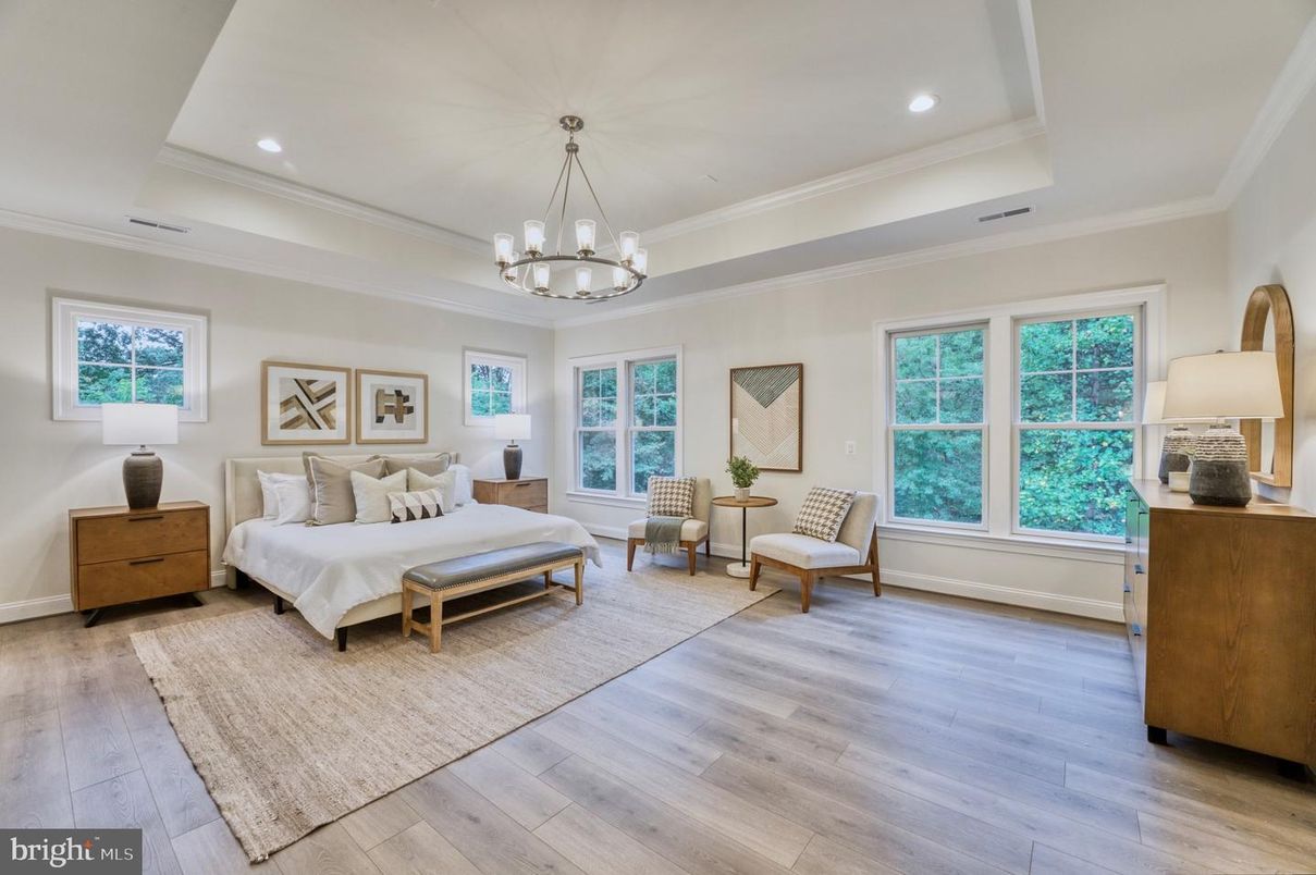Bedroom, Chandelier, Interior, Recessed Lighting, Wood Texture Flooring
