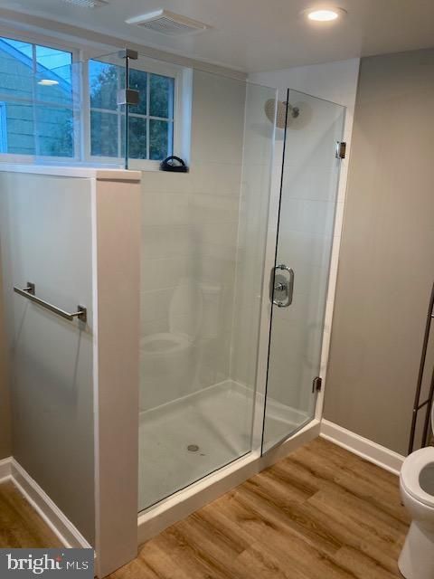Bathroom, Glass Shower, Interior, Recessed Lighting, Wood Texture Flooring