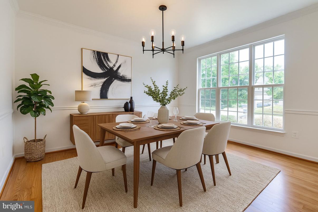 Dining room, Interior, Pendant Lights, Wood Texture Flooring