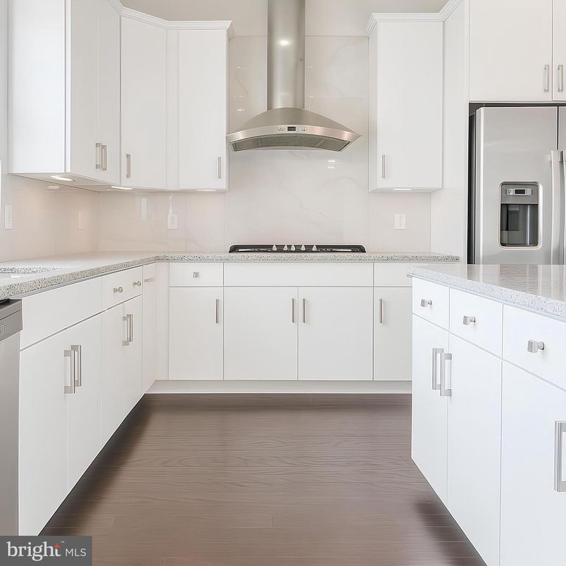 Interior, Kitchen, Marble Walls, Recessed Lighting, Wood Texture Flooring