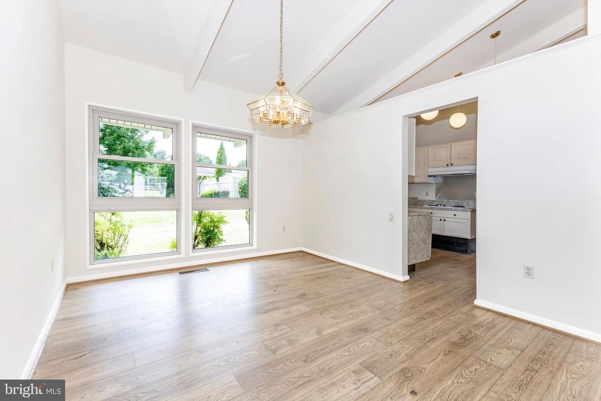 Empty room, Interior, Kitchen, Pendant Lights, Wood Texture Flooring