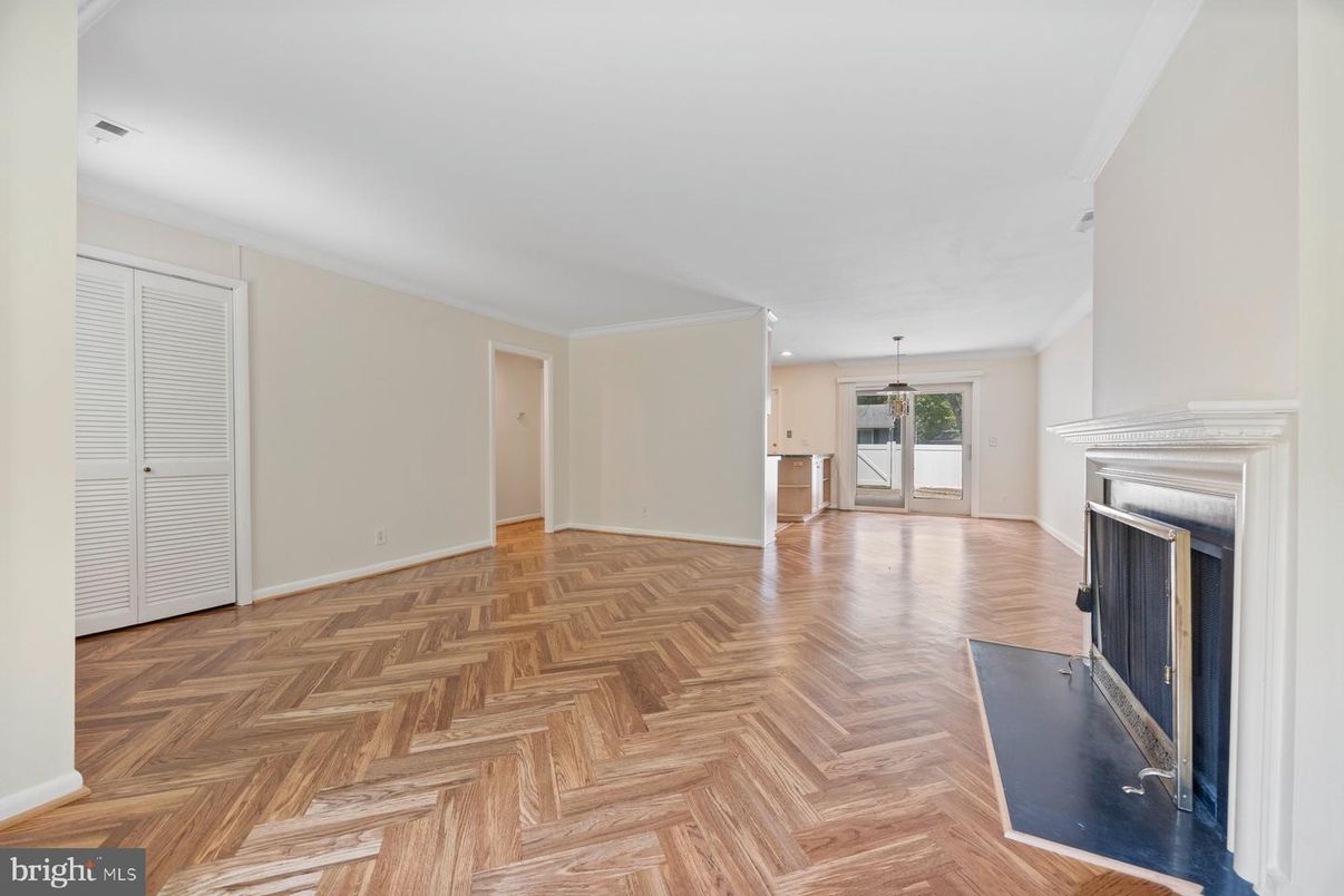 Empty room, Fireplace, Interior, Pendant Lights, Recessed Lighting, Wood Texture Flooring