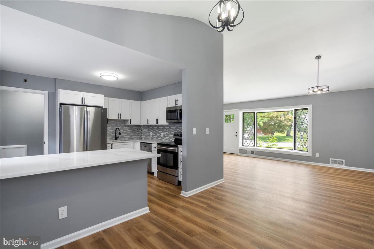 Interior, Kitchen, Pendant Lights, Stainless Steel Appliances, Wood Texture Flooring