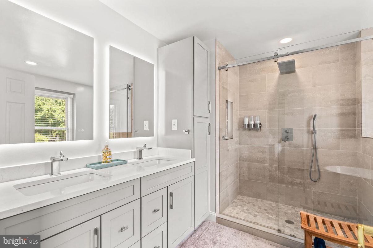 Bathroom, Dual Sink Vanities, Glass Shower, Interior, Recessed Lighting