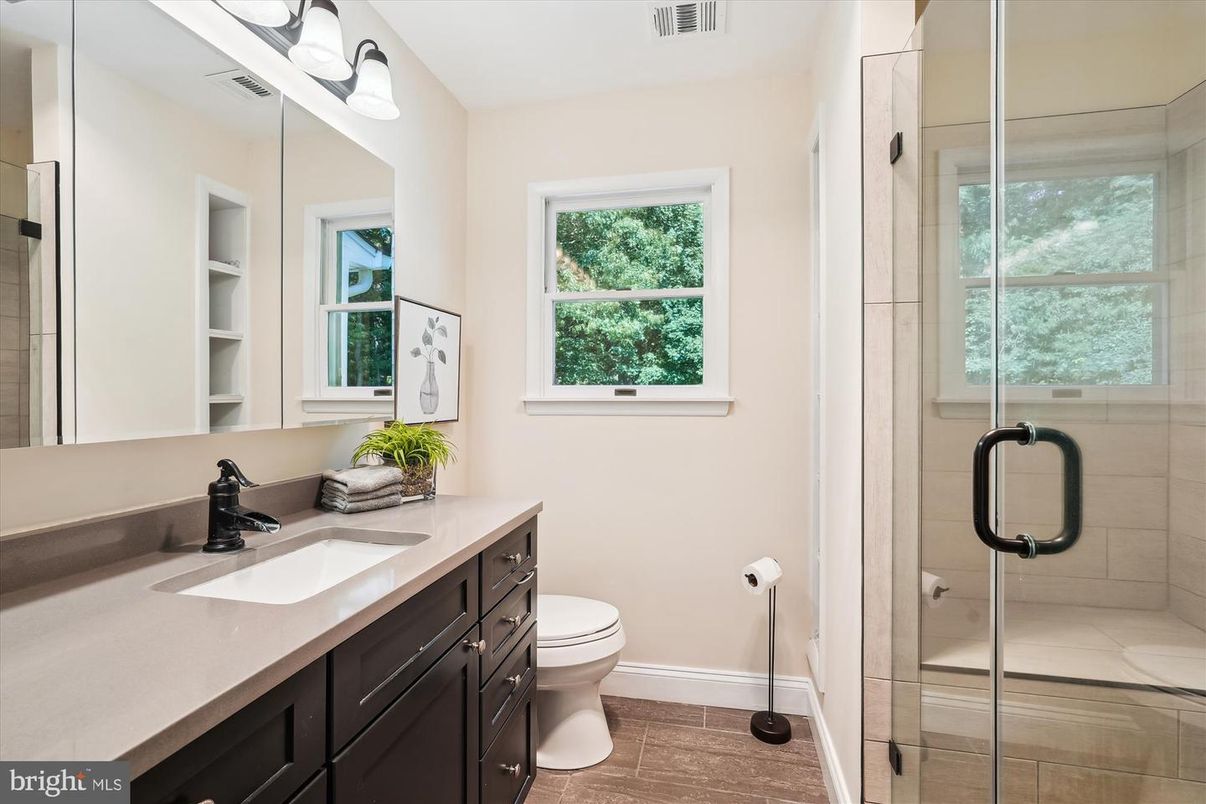 Bathroom, Glass Shower, Interior, Wood Texture Flooring