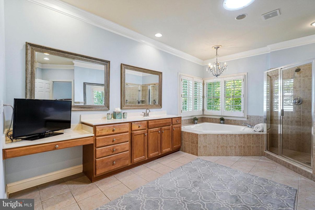 Bathroom, Chandelier, Dual Sink Vanities, Glass Shower, Interior, Recessed Lighting