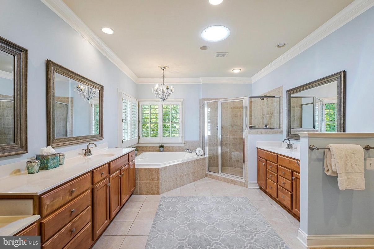 Bathroom, Chandelier, Dual Sink Vanities, Glass Shower, Interior, Recessed Lighting