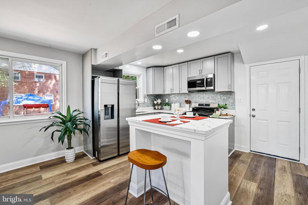 Interior, Kitchen, Recessed Lighting, Stainless Steel Appliances, Wood Texture Flooring