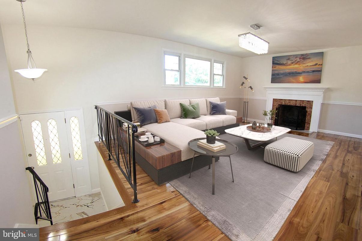 Fireplace, Interior, Living room, Pendant Lights, Wood Texture Flooring