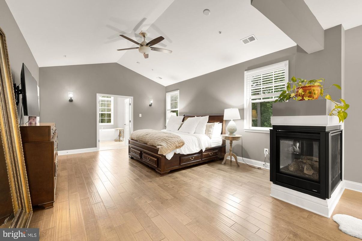 Bedroom, Fireplace, Interior, Wood Texture Flooring