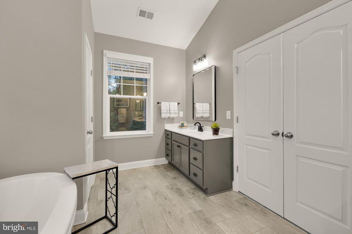 Bathroom, Free Standing Baths, Interior, Wood Texture Flooring