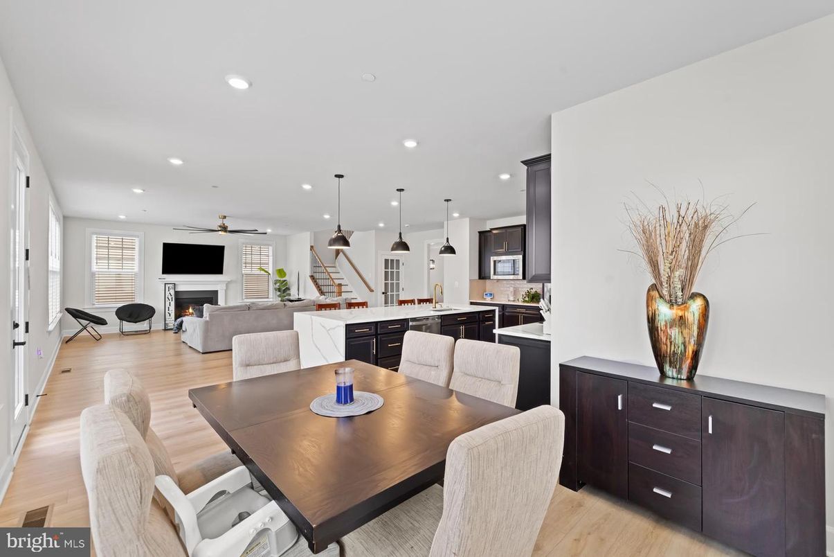 Dining room, Fireplace, Interior, Kitchen, Living room, Pendant Lights, Recessed Lighting, Wood Texture Flooring