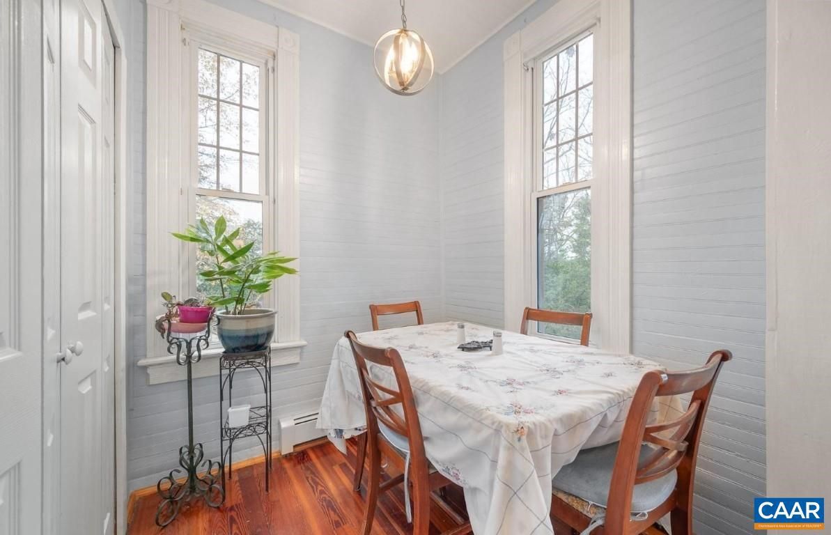 Dining room, Interior, Pendant Lights, Wood Texture Flooring