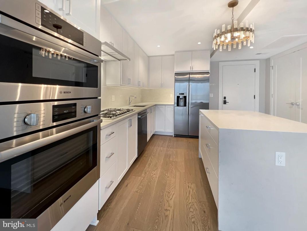 Chandelier, Interior, Kitchen, Pendant Lights, Recessed Lighting, Stainless Steel Appliances, Wood Texture Flooring