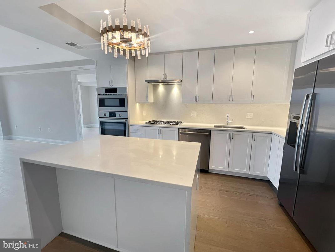 Chandelier, Interior, Kitchen, Recessed Lighting, Stainless Steel Appliances, Wood Texture Flooring
