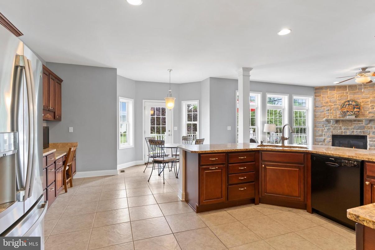Dining room, Fireplace, Interior, Kitchen, Pendant Lights, Recessed Lighting, Stone Walls