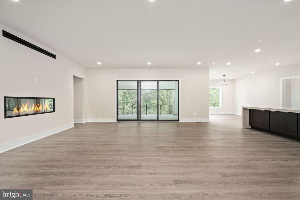 Empty room, Fireplace, Interior, Pendant Lights, Recessed Lighting, Wood Texture Flooring