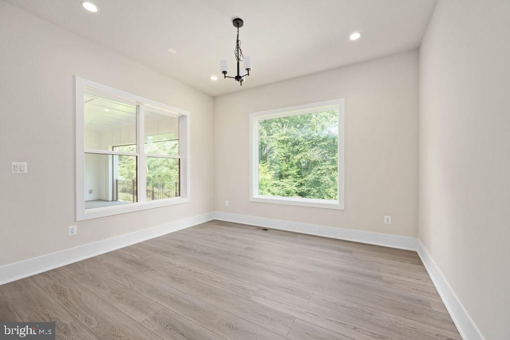 Empty room, Interior, Pendant Lights, Recessed Lighting, Wood Texture Flooring