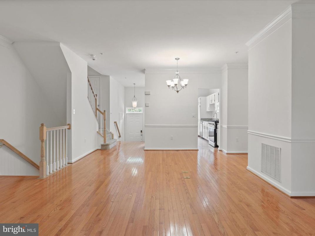 Chandelier, Empty room, Interior, Kitchen, Pendant Lights, Wood Texture Flooring