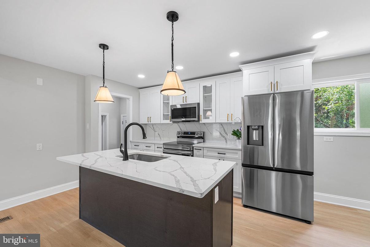 Interior, Kitchen, Pendant Lights, Recessed Lighting, Stainless Steel Appliances, Wood Texture Flooring