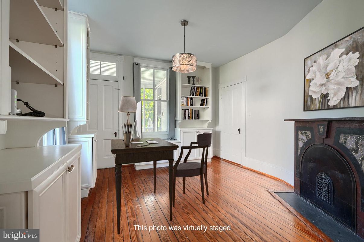 Fireplace, Home Office, Interior, Pendant Lights, Wood Texture Flooring