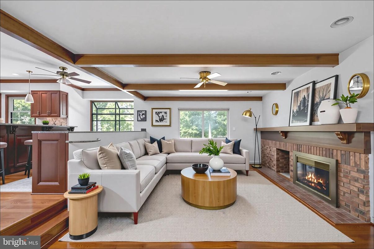 Fireplace, Interior, Living room, Pendant Lights, Recessed Lighting, Stone Walls, Wooden Beams, Wood Texture Flooring