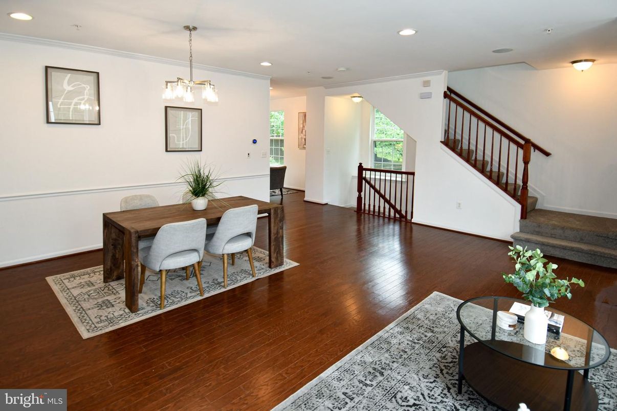 Dining room, Interior, Pendant Lights, Recessed Lighting, Wood Texture Flooring