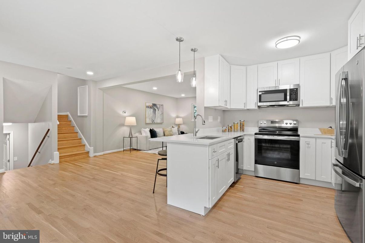 Interior, Kitchen, Pendant Lights, Recessed Lighting, Stainless Steel Appliances, Wood Texture Flooring