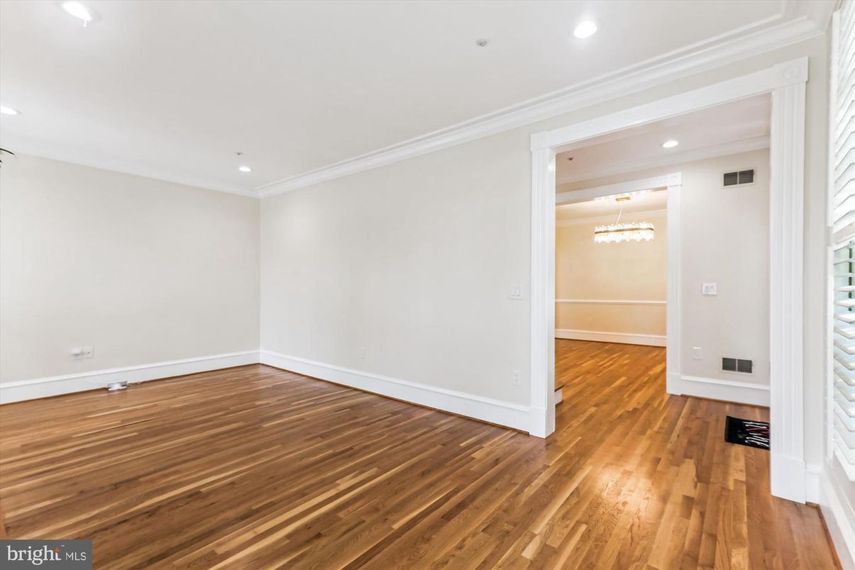 Chandelier, Empty room, Interior, Recessed Lighting, Wood Texture Flooring