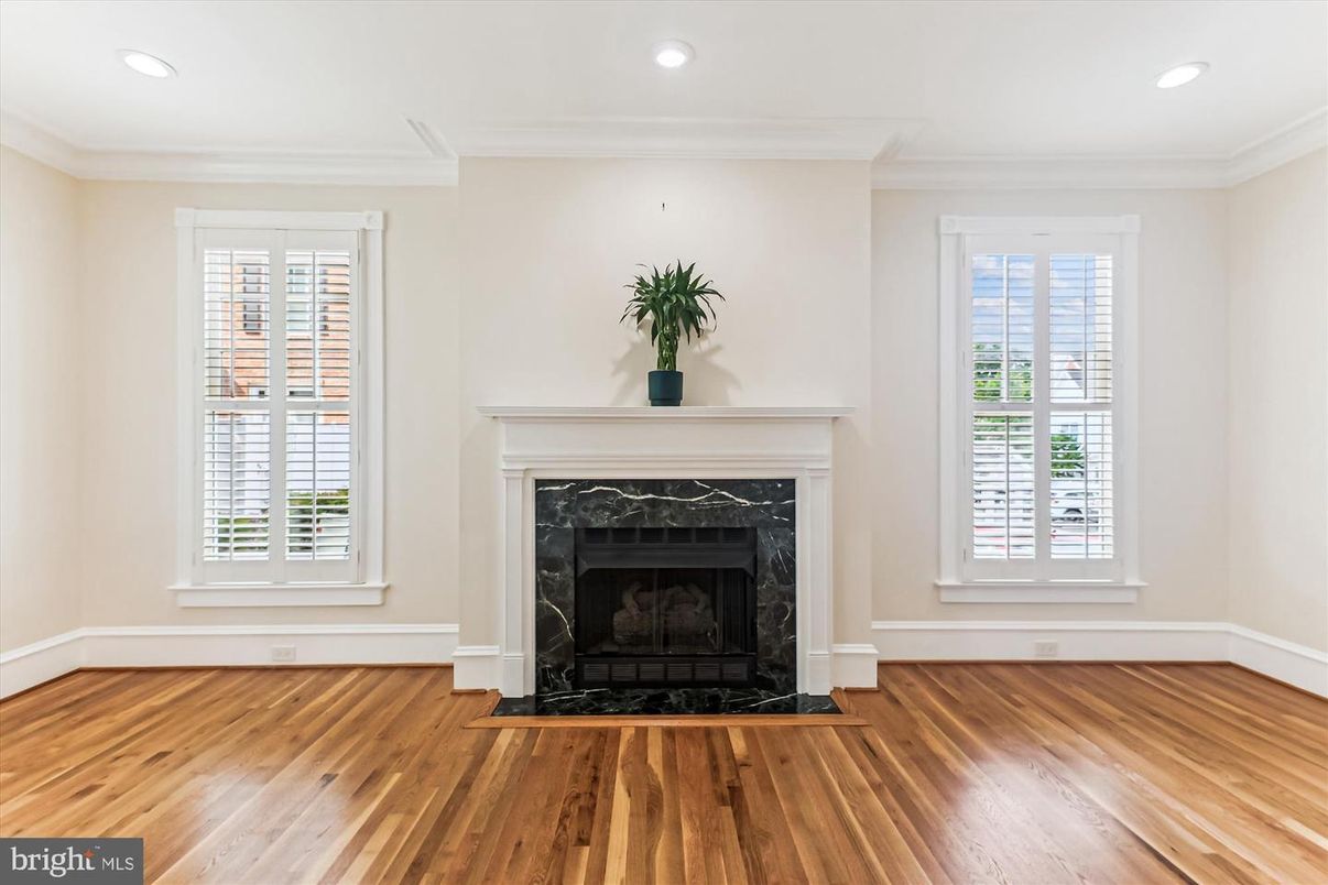Empty room, Fireplace, Interior, Recessed Lighting, Wood Texture Flooring