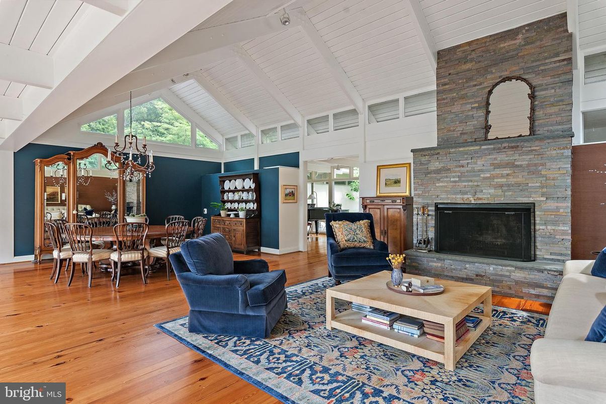 Dining room, Fireplace, Interior, Living room, Stone Walls, Wood Texture Flooring
